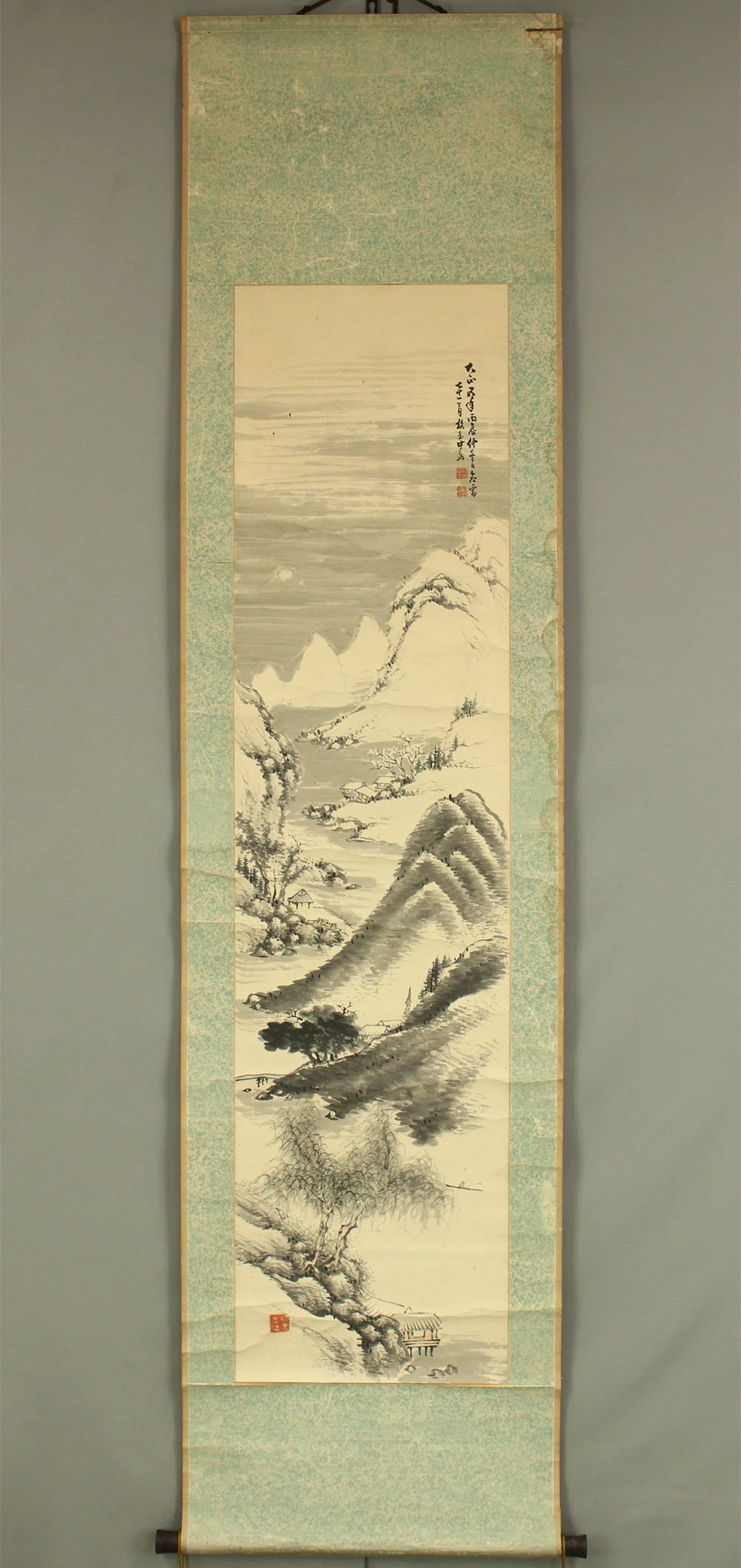 中島梅岳 Nakashima Baigaku (1846-1931) Japanese art kakejiku kakemono wall hanging scroll / Sansui Landscapes Mountains Rivers Fishermen Willow RC166 - Image 2