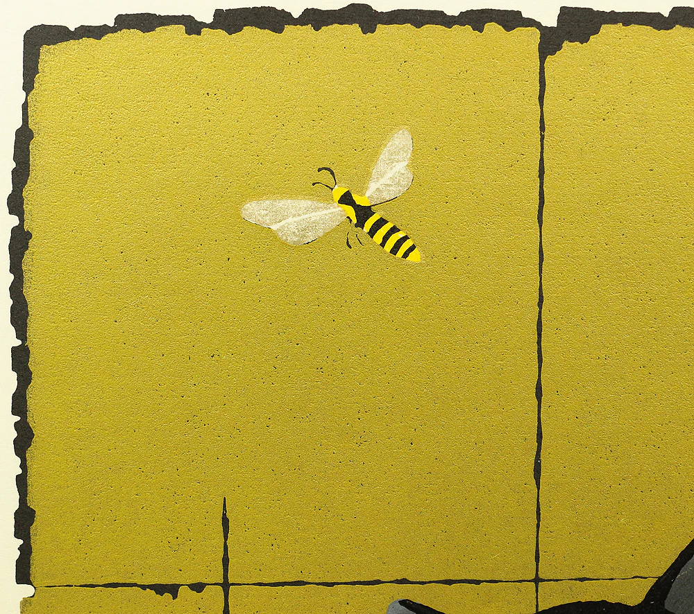 西田忠重 NISHIDA TADASHIGE Japanese Original woodblock print "Tobisaru' 飛び去る (Fly away) - Black cat & Bee" 116/120 NW124 - Image 3
