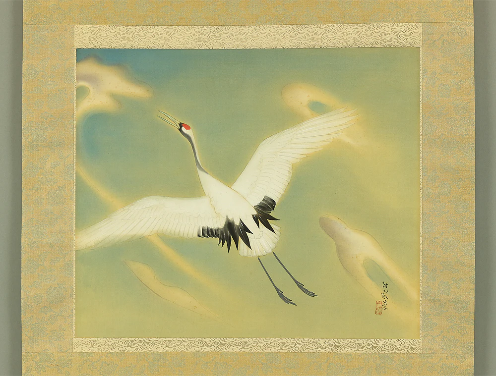 西沢笛畝 Nishizawa Tekiho (1889-1965) Japanese art kakejiku kakemono wall hanging scroll / Flying Crane with Original Box (Tomobako) RA722 - Image 3