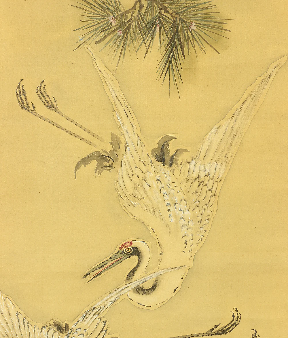 野口幽谷 Noguchi Yukoku (1825-1898) Japanese antique art kakejiku kakemono wall hanging scroll / Two Cranes, Rising Sun, & Pine Tree with Box A313 - Image 10