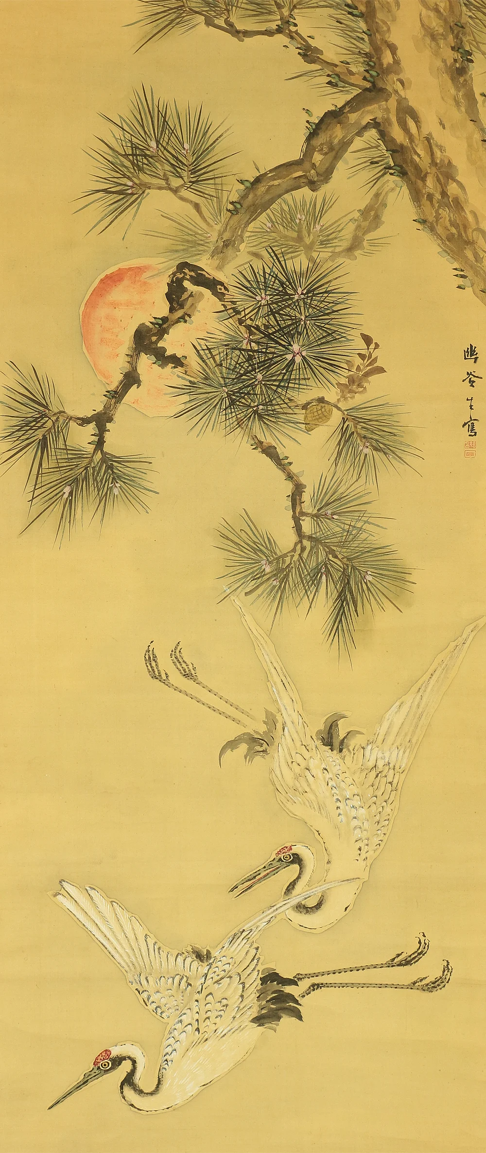 野口幽谷 Noguchi Yukoku (1825-1898) Japanese antique art kakejiku kakemono wall hanging scroll / Two Cranes, Rising Sun, & Pine Tree with Box A313 - Image 5