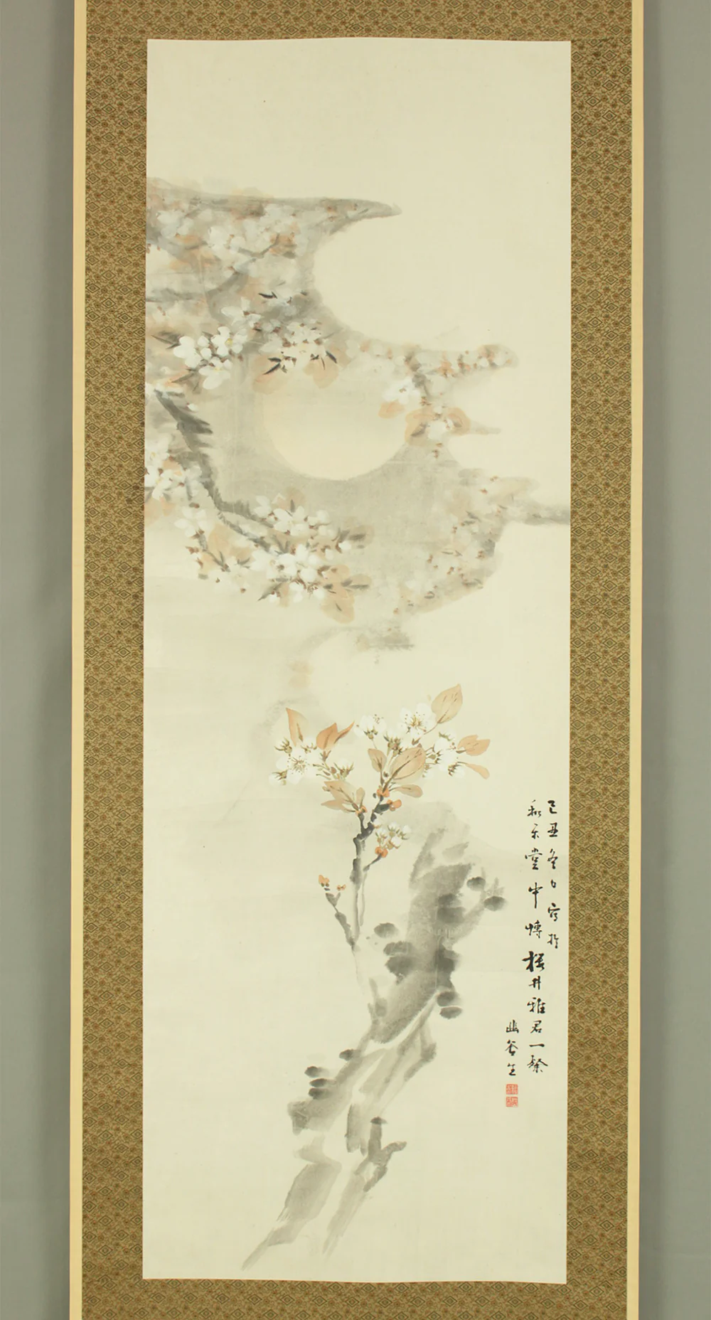 野口幽谷 Noguchi Yukoku (1825-1898) Japanese art kakejiku kakemono wall hanging scroll / Moon and Cherry Blossoms with Box RD730