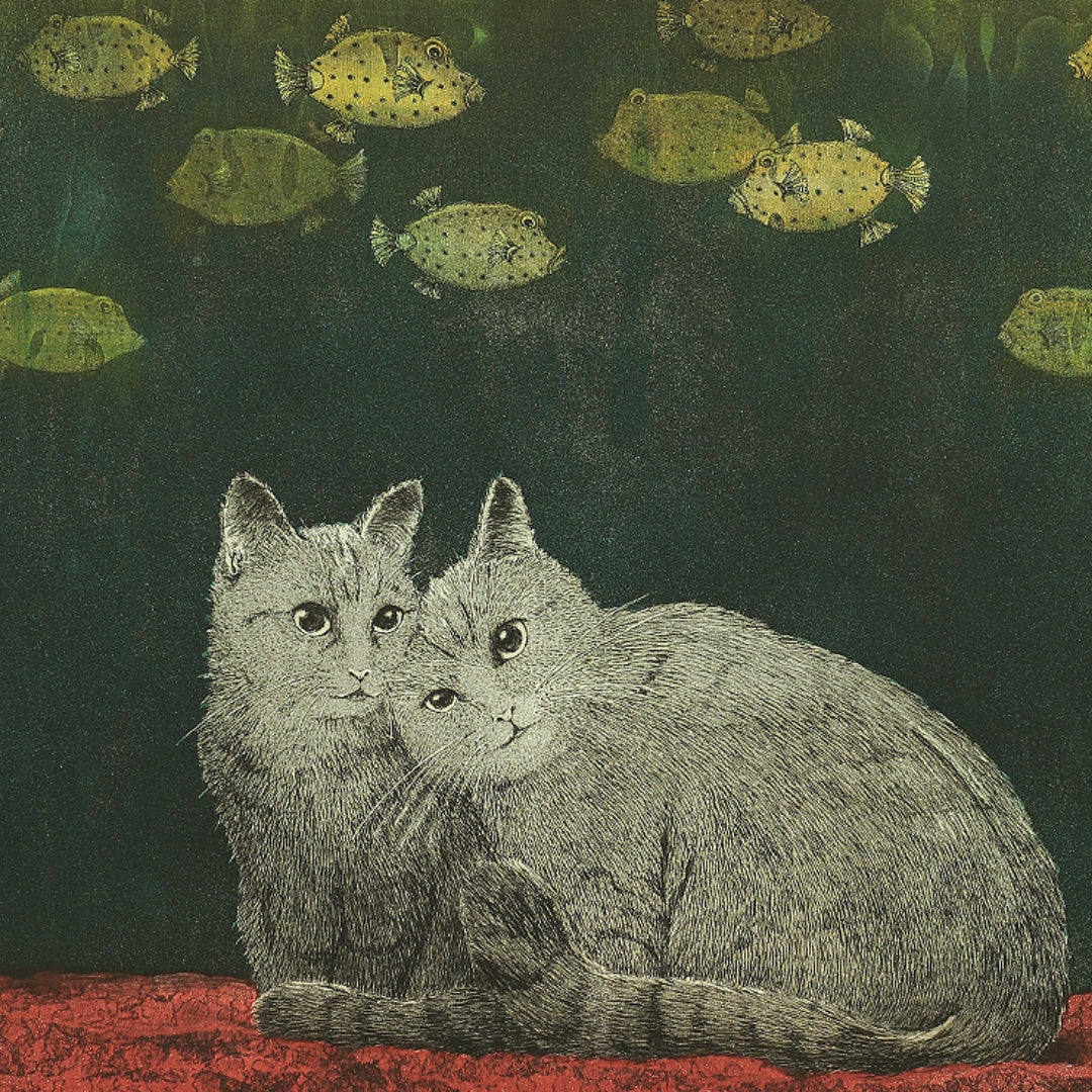 乗兼広人 Norikane Hiroto (b 1949) Etching 甘え (Amae) Togetherness - Two Black Cats and Blowfish 3/75 - 1989 NW484