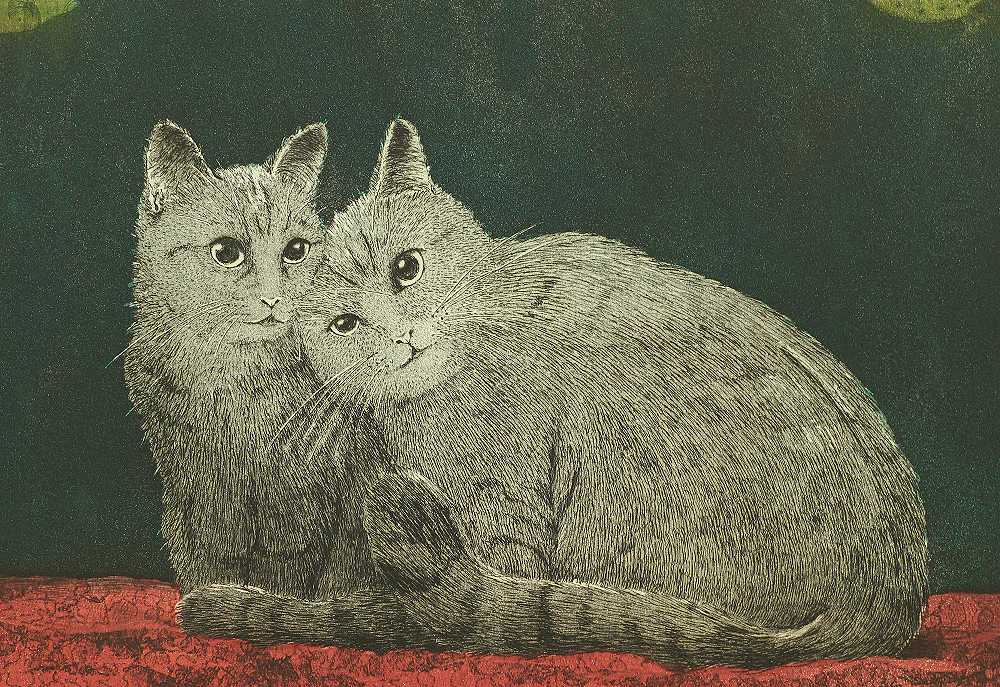 乗兼広人 Norikane Hiroto (b 1949) Etching 甘え (Amae) Togetherness - Two Black Cats and Blowfish 3/75 - 1989 NW484 - Image 11