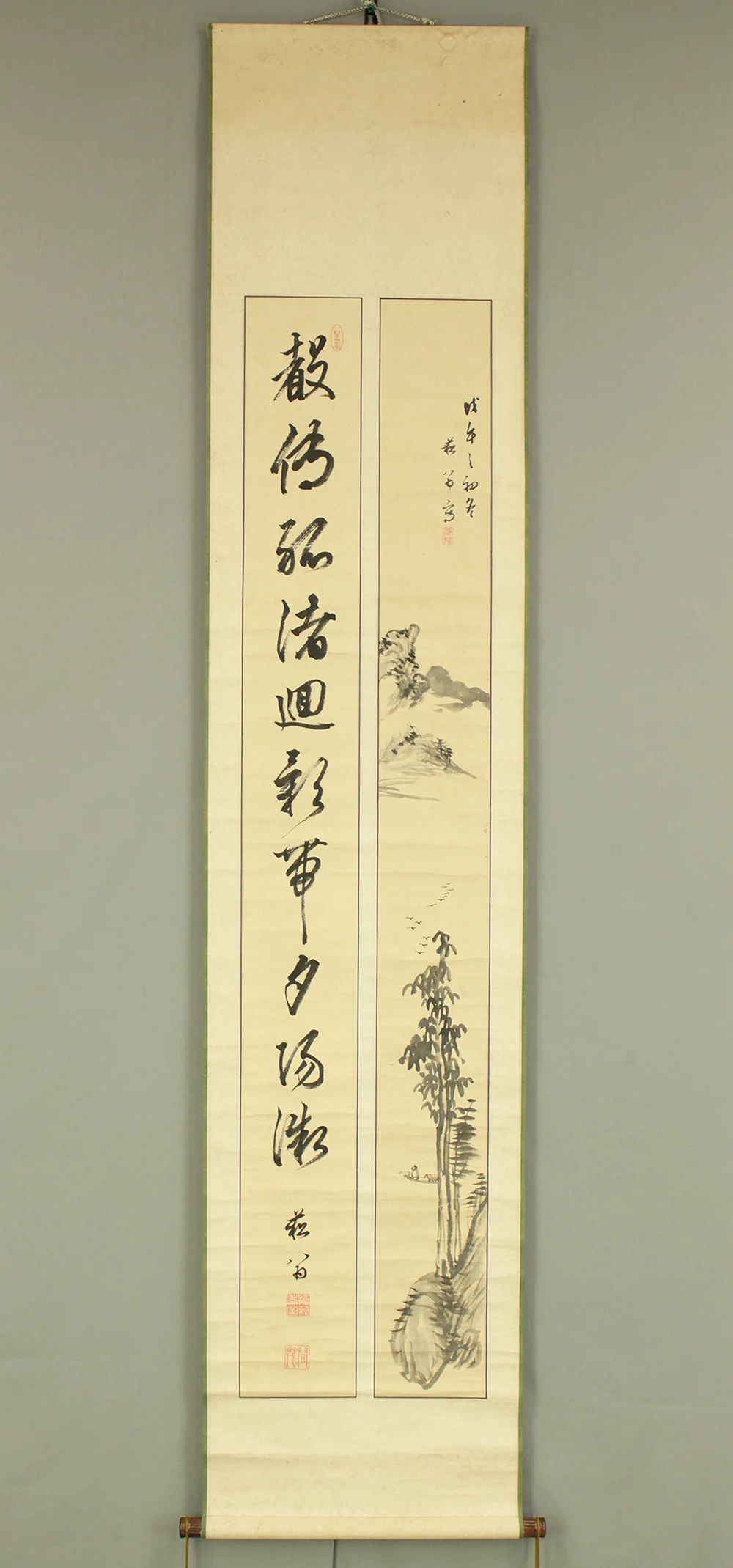 貫名海屋 Nukina Kaioku (1778-1863) Japanese art kakejiku kakemono wall hanging scroll / Wise Man Fishing Landscape Sansui and One Line Calligraphy RD627 - Image 2