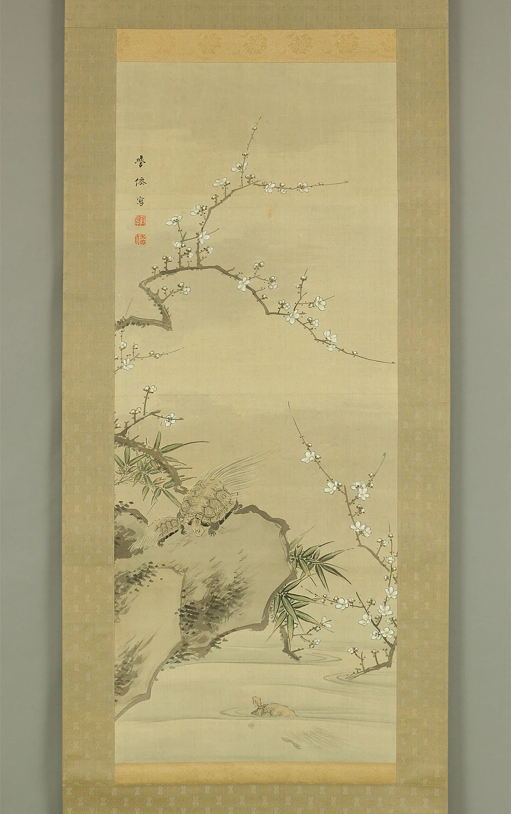 大庭学僊 Ōba Gakusen (1820-1899) Japanese antique art Paired kakejiku kakemono wall hanging scrolls / Cranes and Turtles Celebrating Longevity - The Symbol of Good Fortune, Pine, Bamboo, and Plum with Box RC752 - Image 14
