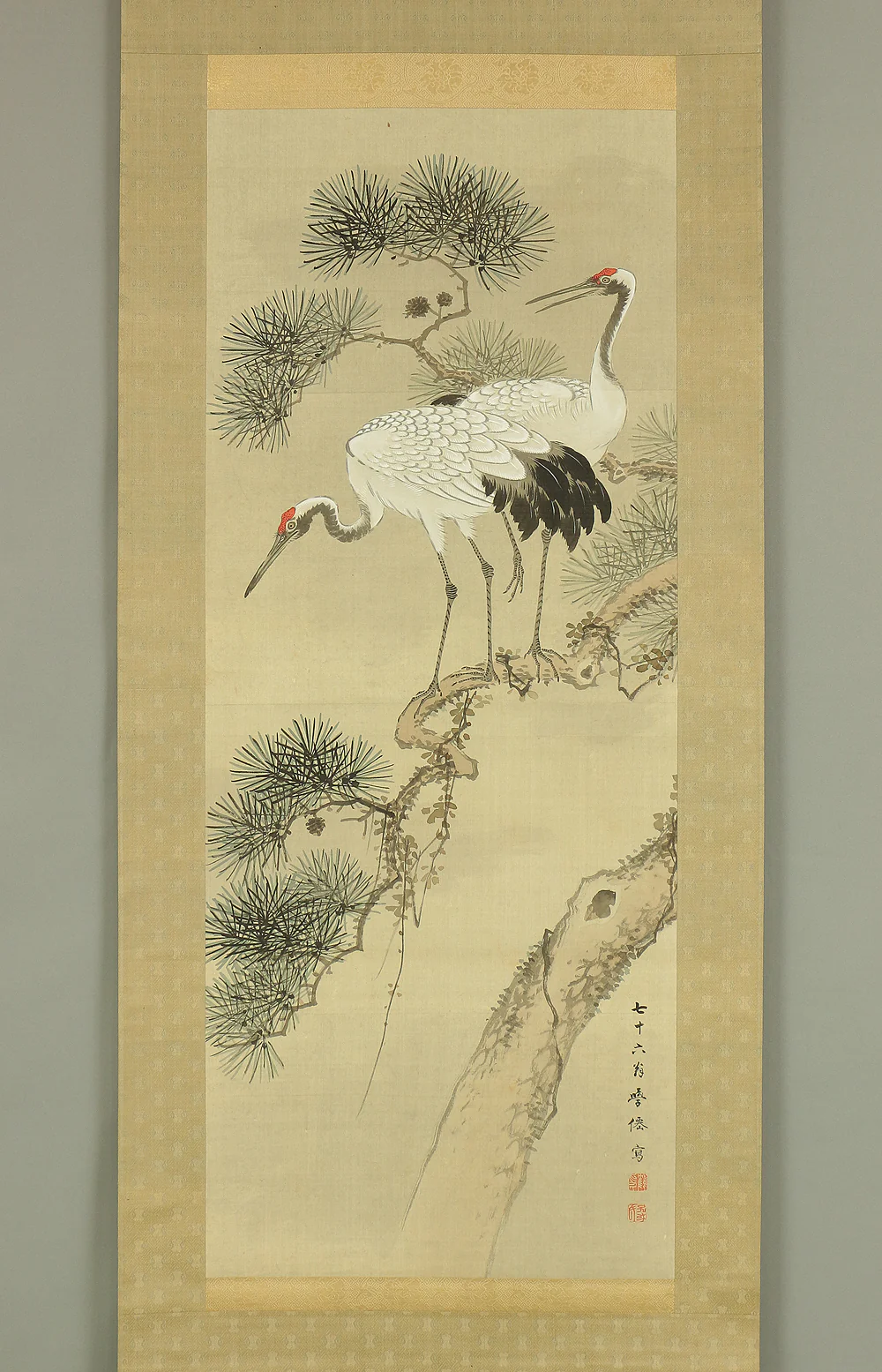 大庭学僊 Ōba Gakusen (1820-1899) Japanese antique art Paired kakejiku kakemono wall hanging scrolls / Cranes and Turtles Celebrating Longevity - The Symbol of Good Fortune, Pine, Bamboo, and Plum with Box RC752 - Image 2