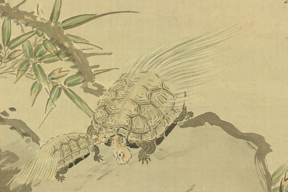 大庭学僊 Ōba Gakusen (1820-1899) Japanese antique art Paired kakejiku kakemono wall hanging scrolls / Cranes and Turtles Celebrating Longevity - The Symbol of Good Fortune, Pine, Bamboo, and Plum with Box RC752 - Image 22
