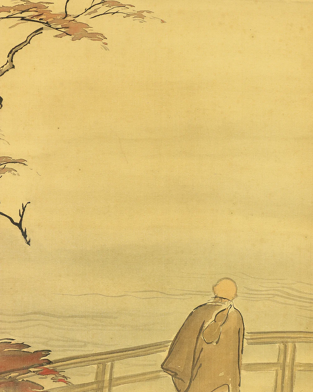 尾形月耕 Ogata Gekko (1859-1920) Japanese art kakejiku kakemono wall hanging scroll / Autumn Landscapes Autumn Leaves Monk Crossing Bridge RC410 - Image 11