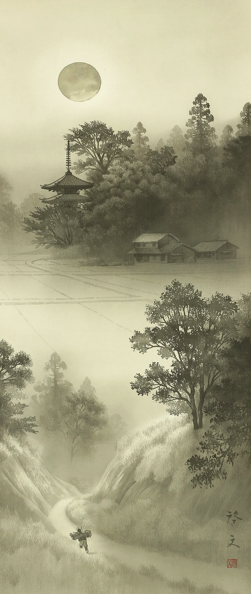 小川啓文 Ogawa Keibun (b1928) Japanese art kakejiku kakemono wall hanging scroll / Moonlight Pagoda Scenery with Original Double Box (Tomobako) RB529