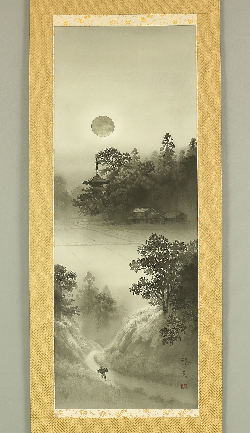 小川啓文 Ogawa Keibun (b1928) Japanese art kakejiku kakemono wall hanging scroll / Moonlight Pagoda Scenery with Original Double Box (Tomobako) RB529 - Image 3