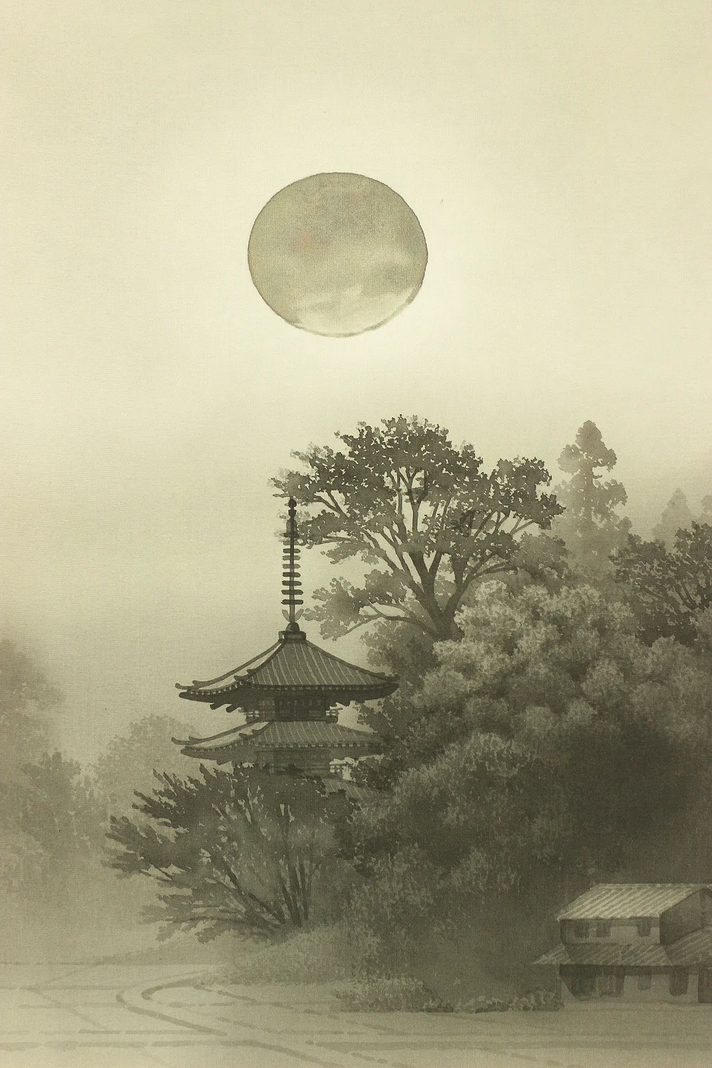 小川啓文 Ogawa Keibun (b1928) Japanese art kakejiku kakemono wall hanging scroll / Moonlight Pagoda Scenery with Original Double Box (Tomobako) RB529 - Image 6