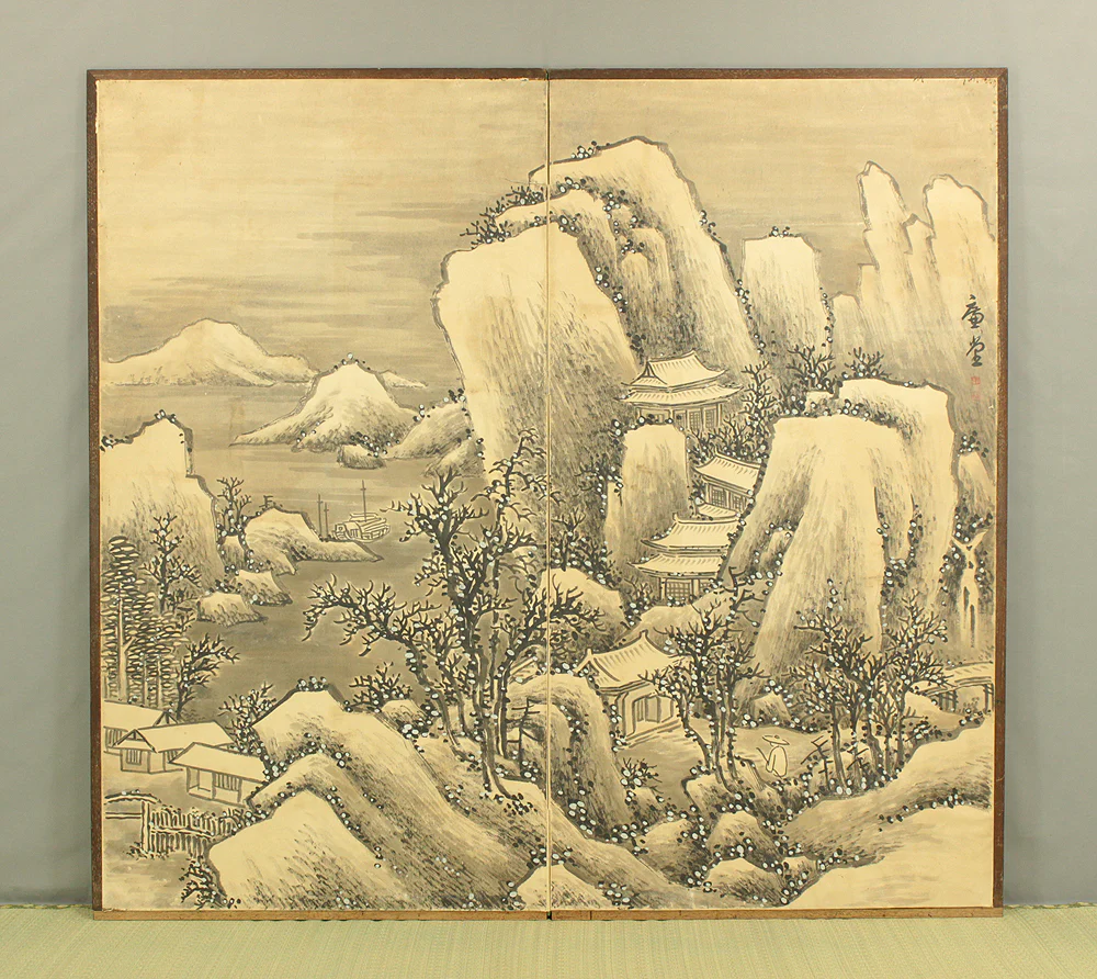 大橋廉堂 Ohashi Kendo (1897-1951) Two Panels Folding Screens Byobu Room Dividers / Winter Landscape Sansui VA749 - Image 2