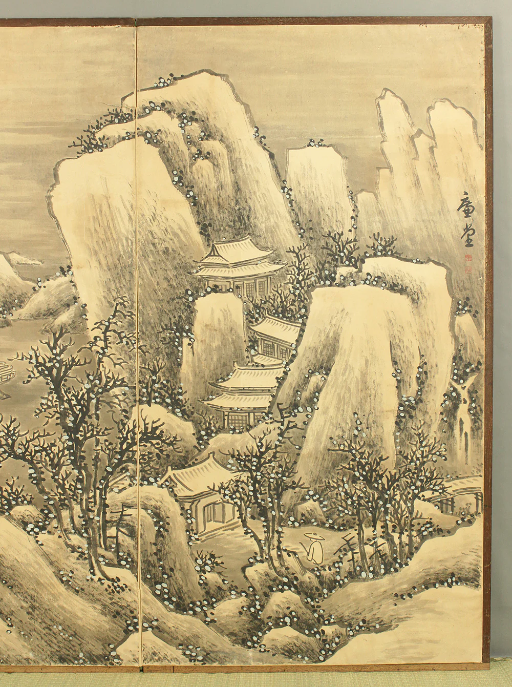 大橋廉堂 Ohashi Kendo (1897-1951) Two Panels Folding Screens Byobu Room Dividers / Winter Landscape Sansui VA749 - Image 3