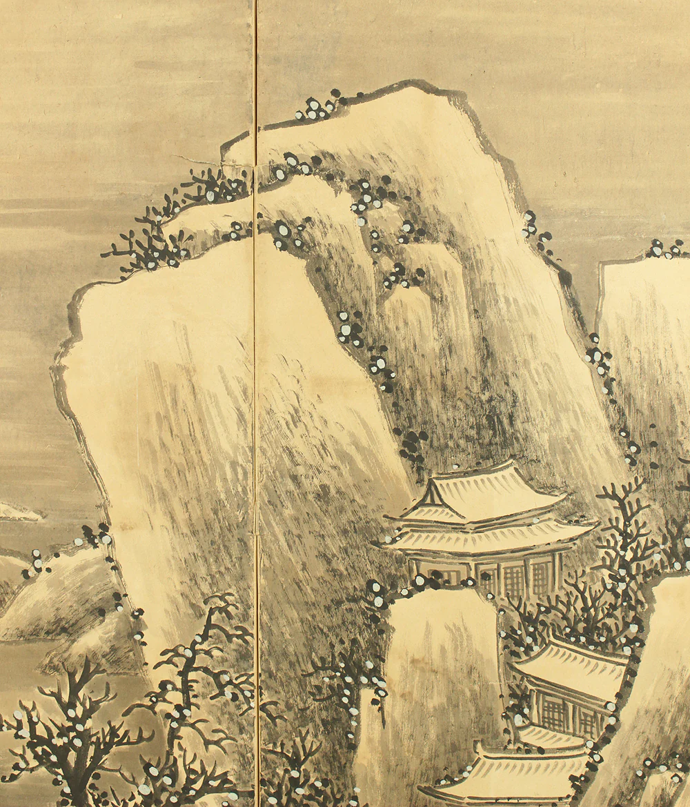 大橋廉堂 Ohashi Kendo (1897-1951) Two Panels Folding Screens Byobu Room Dividers / Winter Landscape Sansui VA749 - Image 4