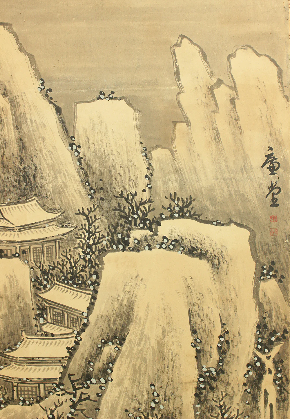 大橋廉堂 Ohashi Kendo (1897-1951) Two Panels Folding Screens Byobu Room Dividers / Winter Landscape Sansui VA749 - Image 8