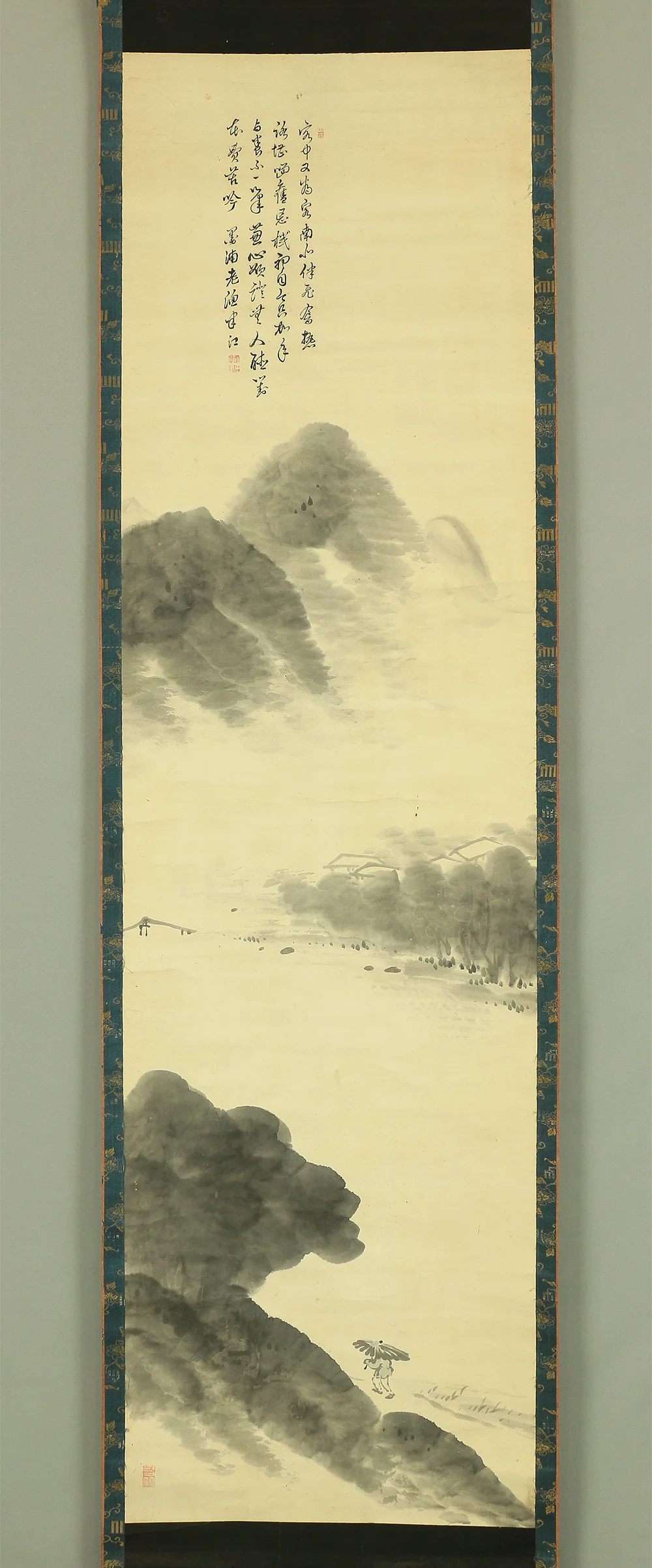 岡田半江 Okada Hanko (1782-1846) Japanese antique art kakejiku kakemono wall hanging scroll / Rainy Riverside Sansui Landscape RA653