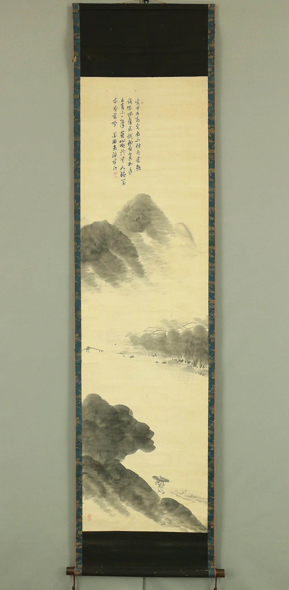 岡田半江 Okada Hanko (1782-1846) Japanese antique art kakejiku kakemono wall hanging scroll / Rainy Riverside Sansui Landscape RA653 - Image 2