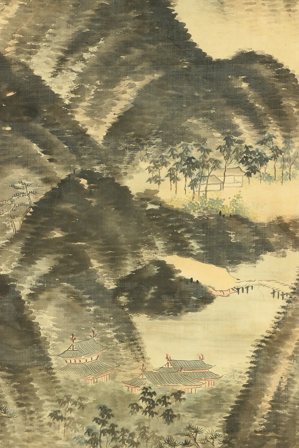 岡田半江 Okada Hanko (1782-1846) Japanese antique art kakejiku kakemono wall hanging scroll / Sansui Landscapes Village in Mountains and Wise Man on Bridge RB909 - Image 11