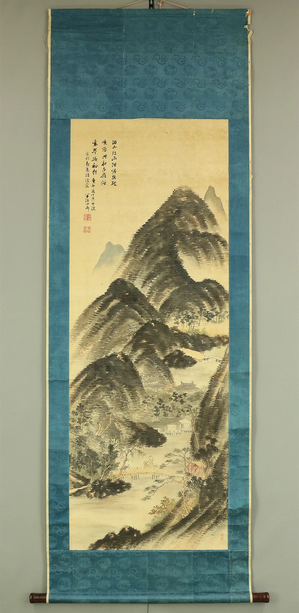 岡田半江 Okada Hanko (1782-1846) Japanese antique art kakejiku kakemono wall hanging scroll / Sansui Landscapes Village in Mountains and Wise Man on Bridge RB909 - Image 2