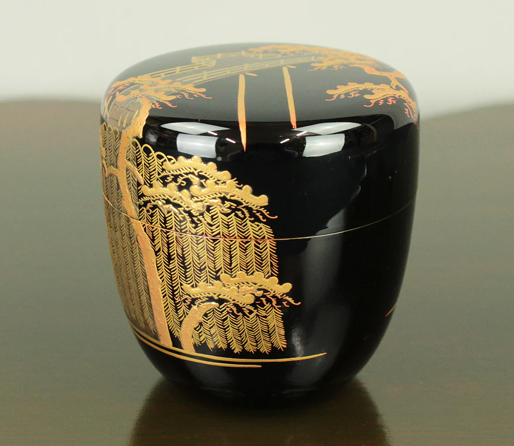 岡田紫峰 Okada Shiho (b1948) Silver Leaf inside Makie Gold Lacquer Natsume 'Uji Bridge, Pine Tree and Willow' Tea Caddy with Original Box (Tomobako) VA706 - Image 17