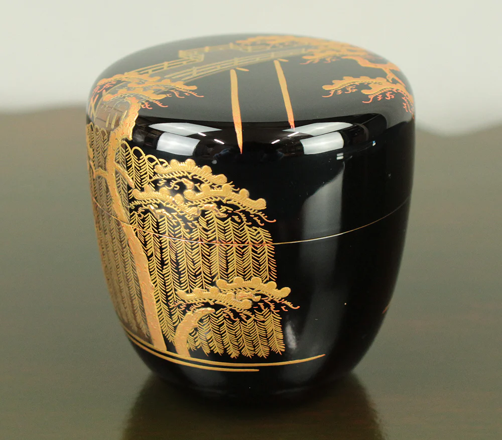 岡田紫峰 Okada Shiho (b1948) Silver Leaf inside Makie Gold Lacquer Natsume 'Uji Bridge, Pine Tree and Willow' Tea Caddy with Original Box (Tomobako) VA706 - Image 2