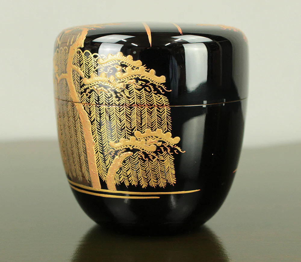 岡田紫峰 Okada Shiho (b1948) Silver Leaf inside Makie Gold Lacquer Natsume 'Uji Bridge, Pine Tree and Willow' Tea Caddy with Original Box (Tomobako) VA706 - Image 3