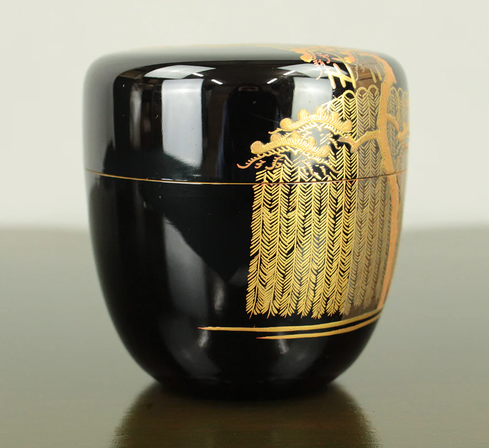 岡田紫峰 Okada Shiho (b1948) Silver Leaf inside Makie Gold Lacquer Natsume 'Uji Bridge, Pine Tree and Willow' Tea Caddy with Original Box (Tomobako) VA706 - Image 5