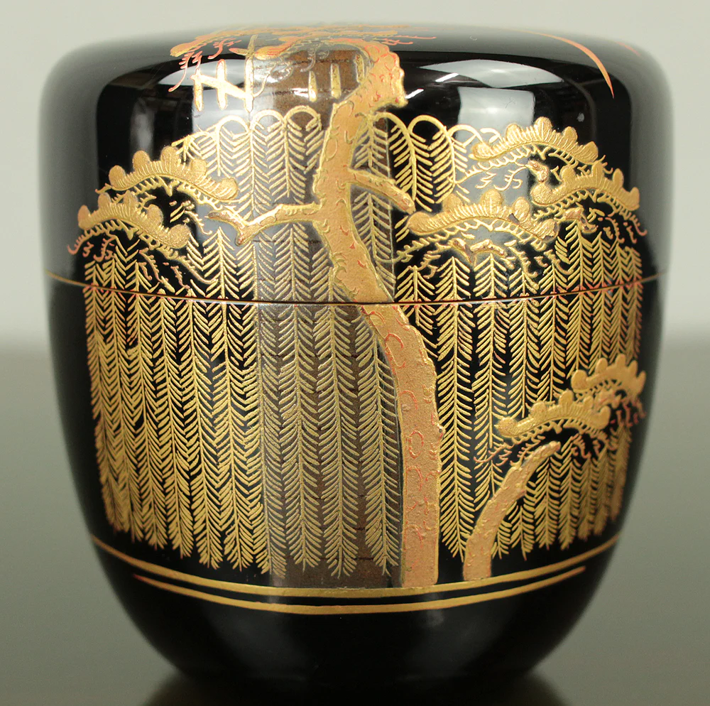 岡田紫峰 Okada Shiho (b1948) Silver Leaf inside Makie Gold Lacquer Natsume 'Uji Bridge, Pine Tree and Willow' Tea Caddy with Original Box (Tomobako) VA706 - Image 8