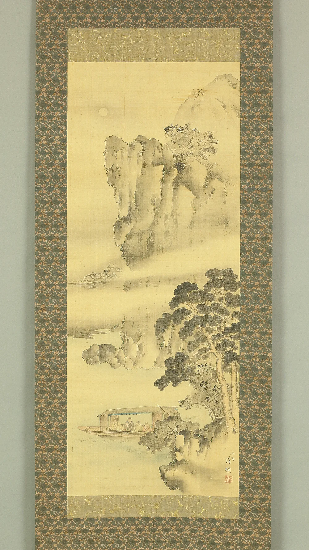 岡島清曠 Okajima Seiko (1828-1877) Japanese art kakejiku kakemono wall hanging scroll / 赤壁山水 Red Cliff Landscape - Sightseeing Boat under Moon and Cliff with Box RB554