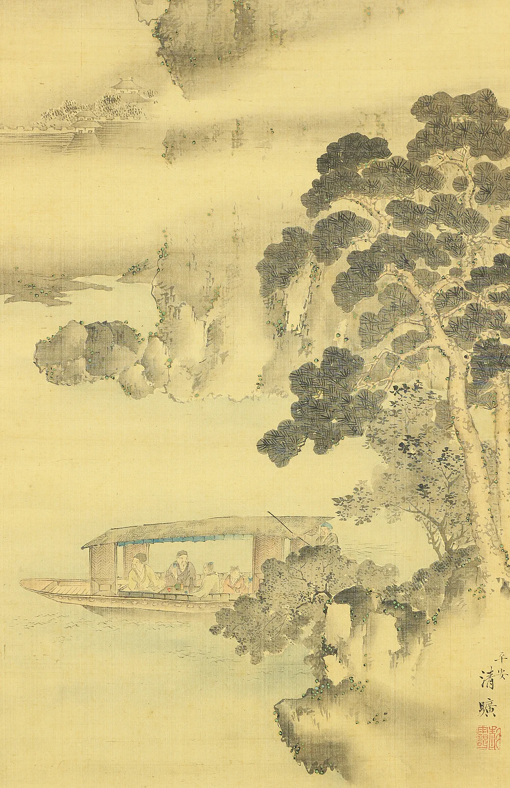 岡島清曠 Okajima Seiko (1828-1877) Japanese art kakejiku kakemono wall hanging scroll / 赤壁山水 Red Cliff Landscape - Sightseeing Boat under Moon and Cliff with Box RB554 - Image 7