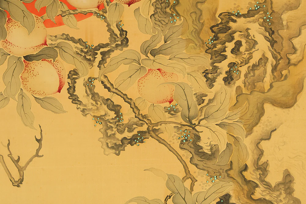 岡本秋暉 Okamoto Shuki (1807-1862) Japanese art Large kakejiku kakemono wall hanging scroll / 海鶴蟠桃図 (Kaikaku Bantō-zu) Rising Sun, Sacred Peaches on Rock, Crane in Rough Sea RE897 - Image 11