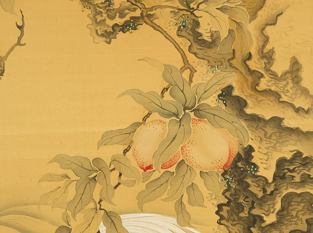 岡本秋暉 Okamoto Shuki (1807-1862) Japanese art Large kakejiku kakemono wall hanging scroll / 海鶴蟠桃図 (Kaikaku Bantō-zu) Rising Sun, Sacred Peaches on Rock, Crane in Rough Sea RE897 - Image 12