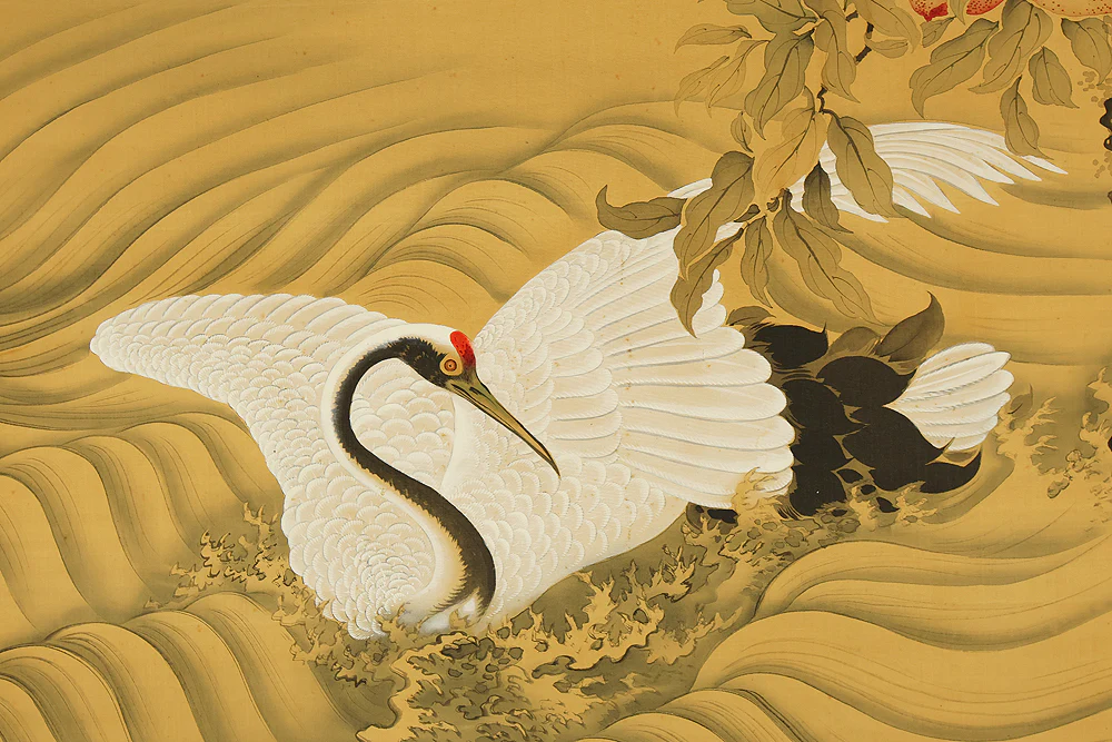 岡本秋暉 Okamoto Shuki (1807-1862) Japanese art Large kakejiku kakemono wall hanging scroll / 海鶴蟠桃図 (Kaikaku Bantō-zu) Rising Sun, Sacred Peaches on Rock, Crane in Rough Sea RE897 - Image 14