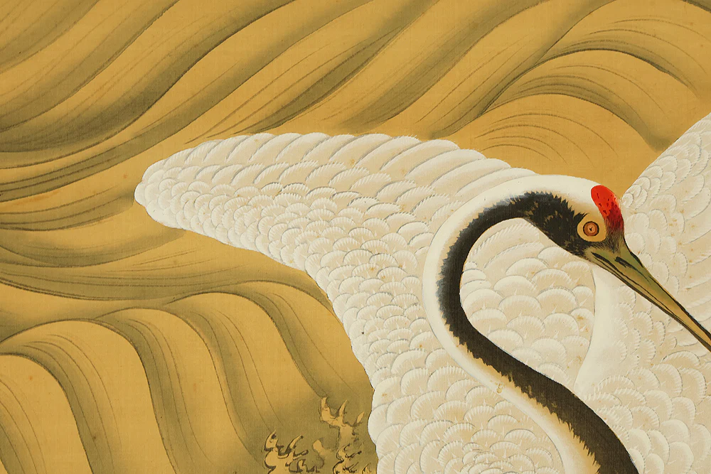 岡本秋暉 Okamoto Shuki (1807-1862) Japanese art Large kakejiku kakemono wall hanging scroll / 海鶴蟠桃図 (Kaikaku Bantō-zu) Rising Sun, Sacred Peaches on Rock, Crane in Rough Sea RE897 - Image 15
