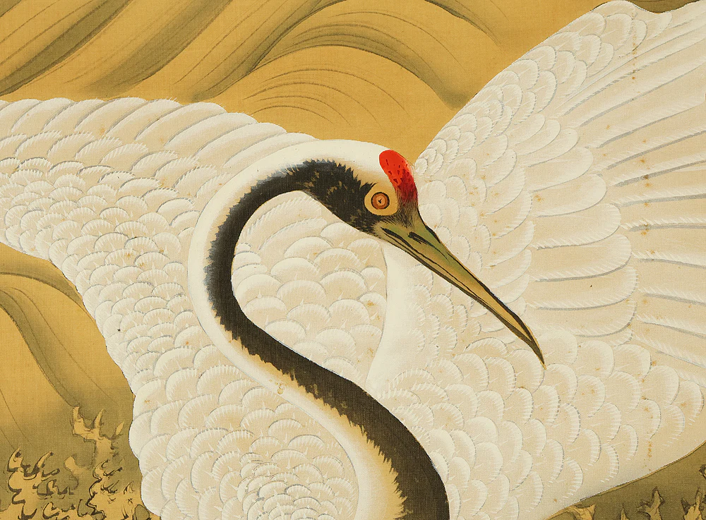 岡本秋暉 Okamoto Shuki (1807-1862) Japanese art Large kakejiku kakemono wall hanging scroll / 海鶴蟠桃図 (Kaikaku Bantō-zu) Rising Sun, Sacred Peaches on Rock, Crane in Rough Sea RE897 - Image 16