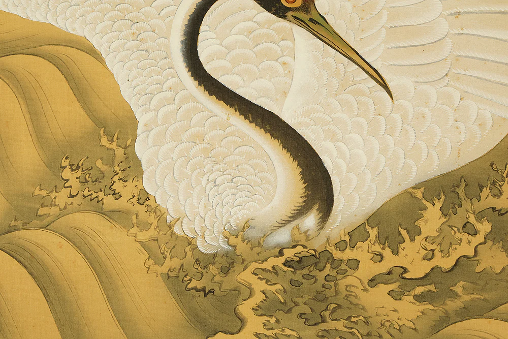 岡本秋暉 Okamoto Shuki (1807-1862) Japanese art Large kakejiku kakemono wall hanging scroll / 海鶴蟠桃図 (Kaikaku Bantō-zu) Rising Sun, Sacred Peaches on Rock, Crane in Rough Sea RE897 - Image 17