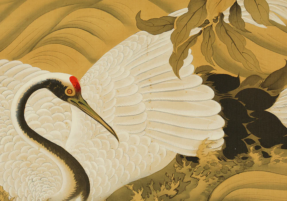 岡本秋暉 Okamoto Shuki (1807-1862) Japanese art Large kakejiku kakemono wall hanging scroll / 海鶴蟠桃図 (Kaikaku Bantō-zu) Rising Sun, Sacred Peaches on Rock, Crane in Rough Sea RE897 - Image 18