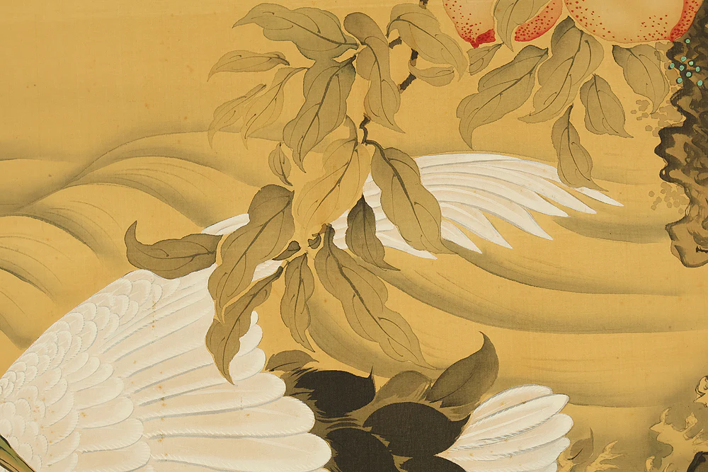 岡本秋暉 Okamoto Shuki (1807-1862) Japanese art Large kakejiku kakemono wall hanging scroll / 海鶴蟠桃図 (Kaikaku Bantō-zu) Rising Sun, Sacred Peaches on Rock, Crane in Rough Sea RE897 - Image 19