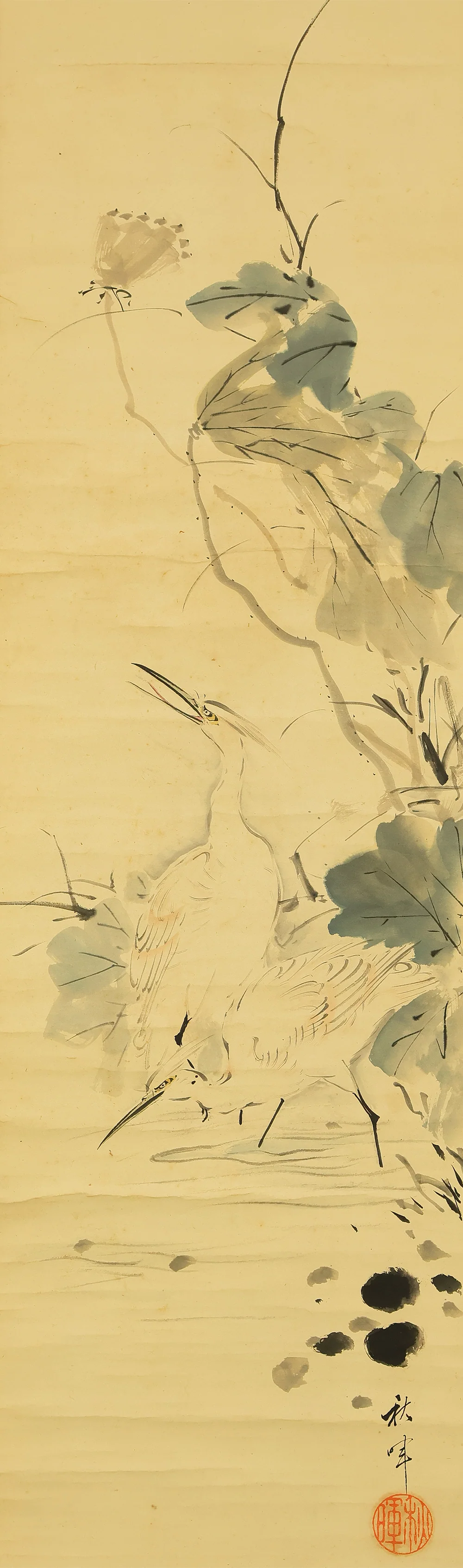 岡本秋暉 Okamoto Shuki (1807-1862) Japanese kakejiku kakemono wall hanging scroll / Lotus and Two Herons with Box RE207 - Image 4