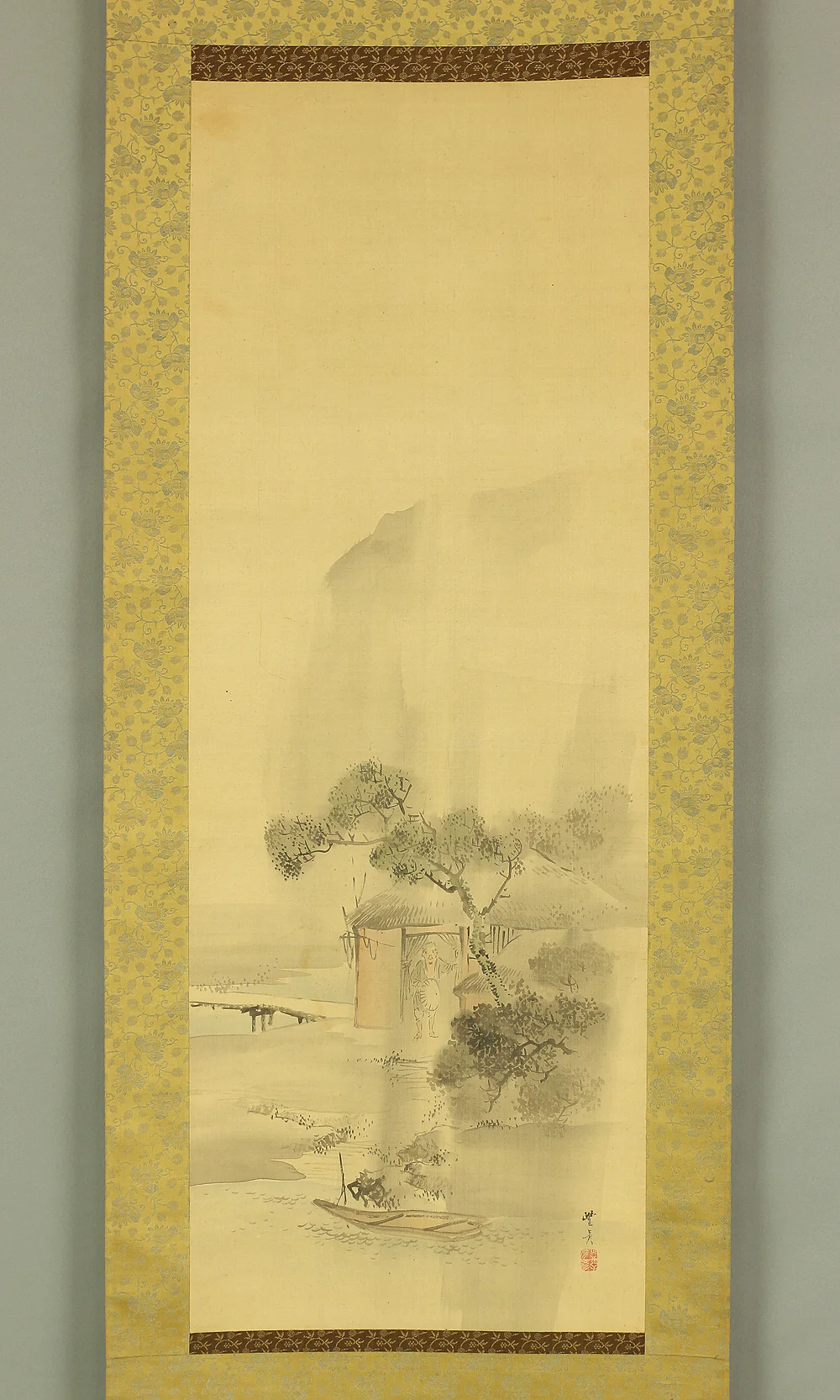 岡本豊彦 Okamoto Toyohiko (1773-1845) Japanese art kakejiku kakemono wall hanging scroll / Sansui Landscapes Taking Shelter From Rain with Box RB975