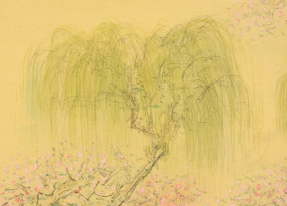 大木豊平 Oki Toyohira (1899-1980) Japanese art kakejiku kakemono wall hanging scroll / Peach Tree, Willow Landscape and Fisherman Walking Along River with Original Box (Tomobako) RE137 - Image 11