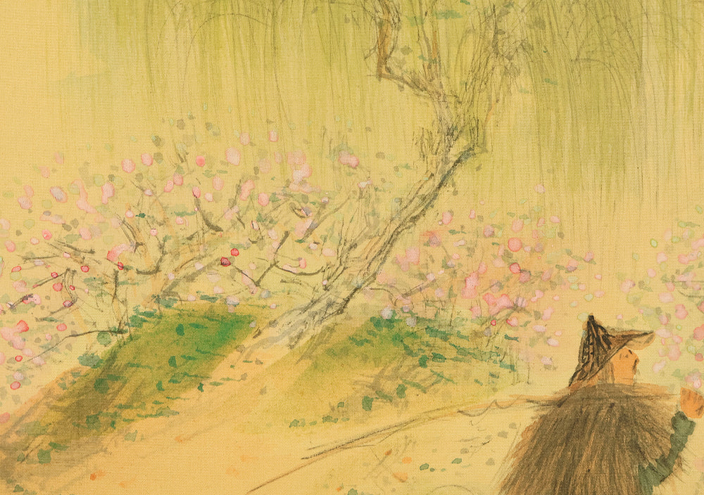 大木豊平 Oki Toyohira (1899-1980) Japanese art kakejiku kakemono wall hanging scroll / Peach Tree, Willow Landscape and Fisherman Walking Along River with Original Box (Tomobako) RE137 - Image 12