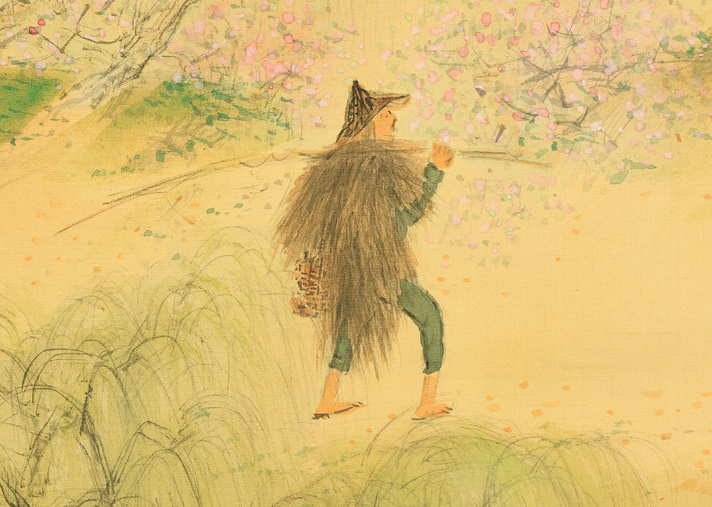 大木豊平 Oki Toyohira (1899-1980) Japanese art kakejiku kakemono wall hanging scroll / Peach Tree, Willow Landscape and Fisherman Walking Along River with Original Box (Tomobako) RE137 - Image 13