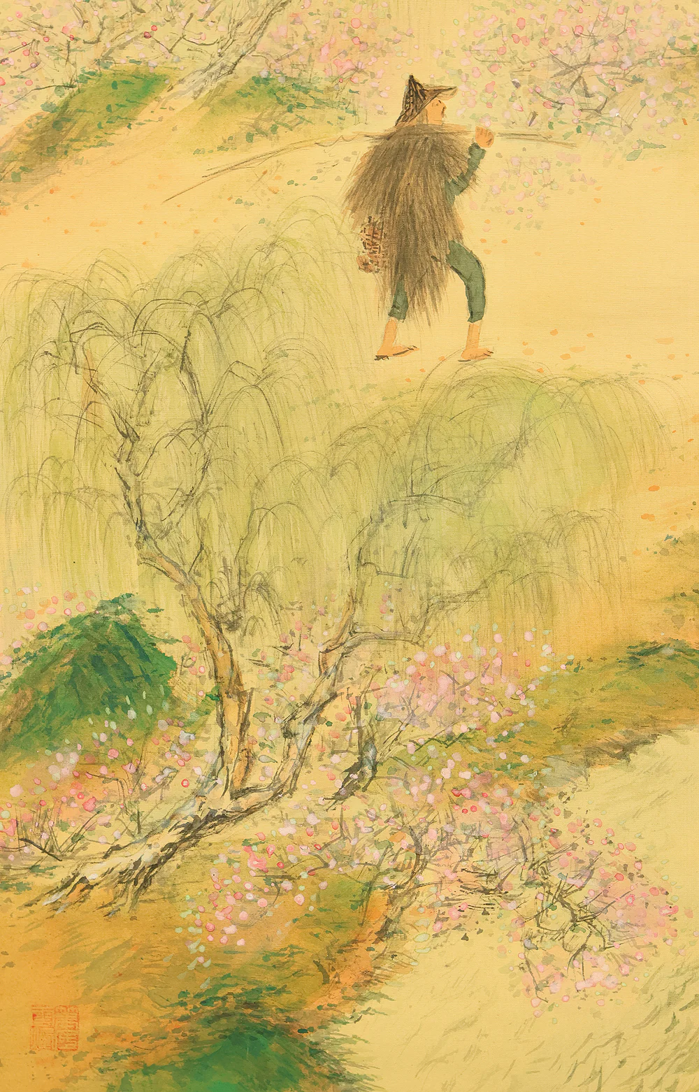 大木豊平 Oki Toyohira (1899-1980) Japanese art kakejiku kakemono wall hanging scroll / Peach Tree, Willow Landscape and Fisherman Walking Along River with Original Box (Tomobako) RE137 - Image 15