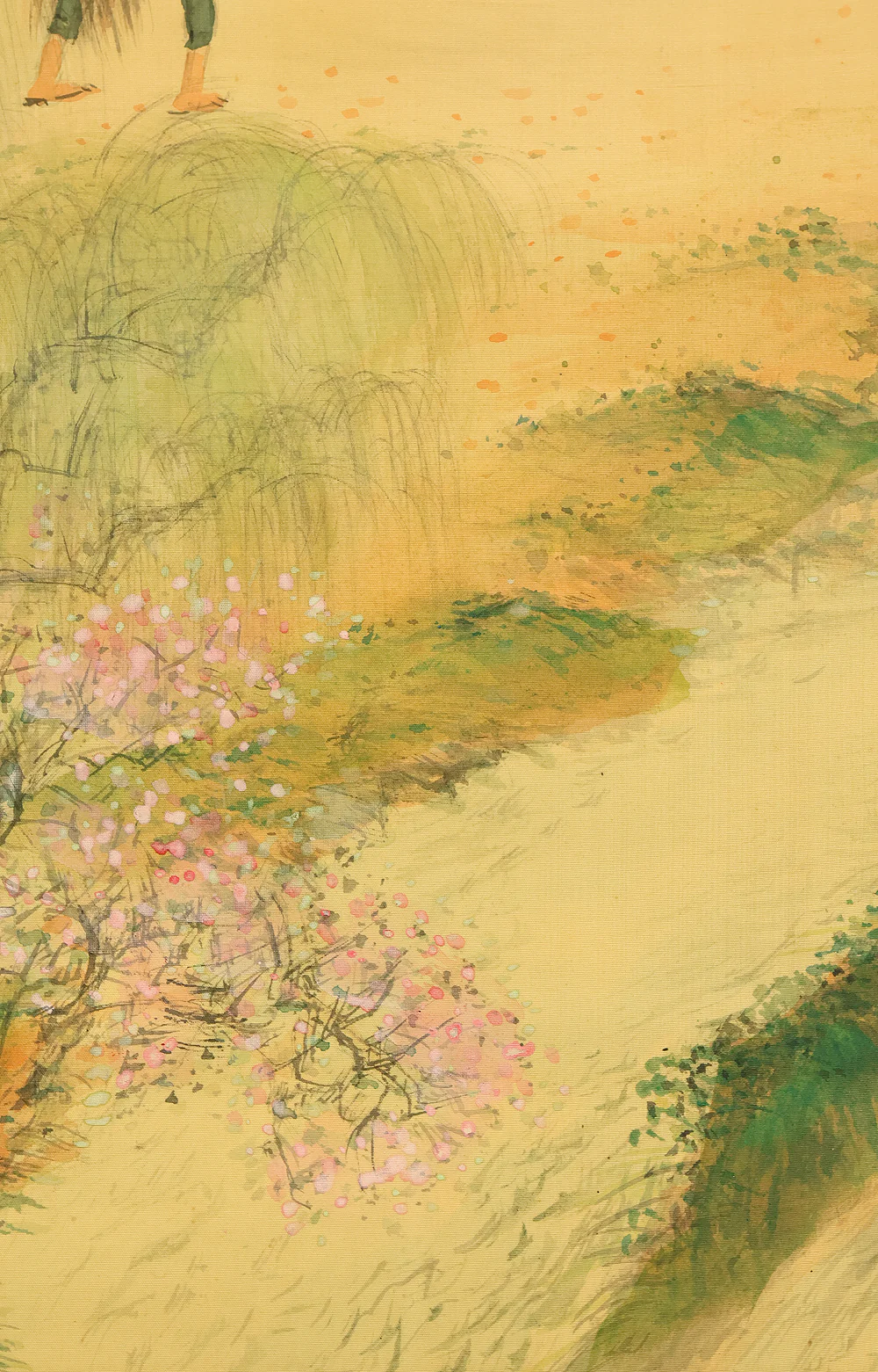大木豊平 Oki Toyohira (1899-1980) Japanese art kakejiku kakemono wall hanging scroll / Peach Tree, Willow Landscape and Fisherman Walking Along River with Original Box (Tomobako) RE137 - Image 17