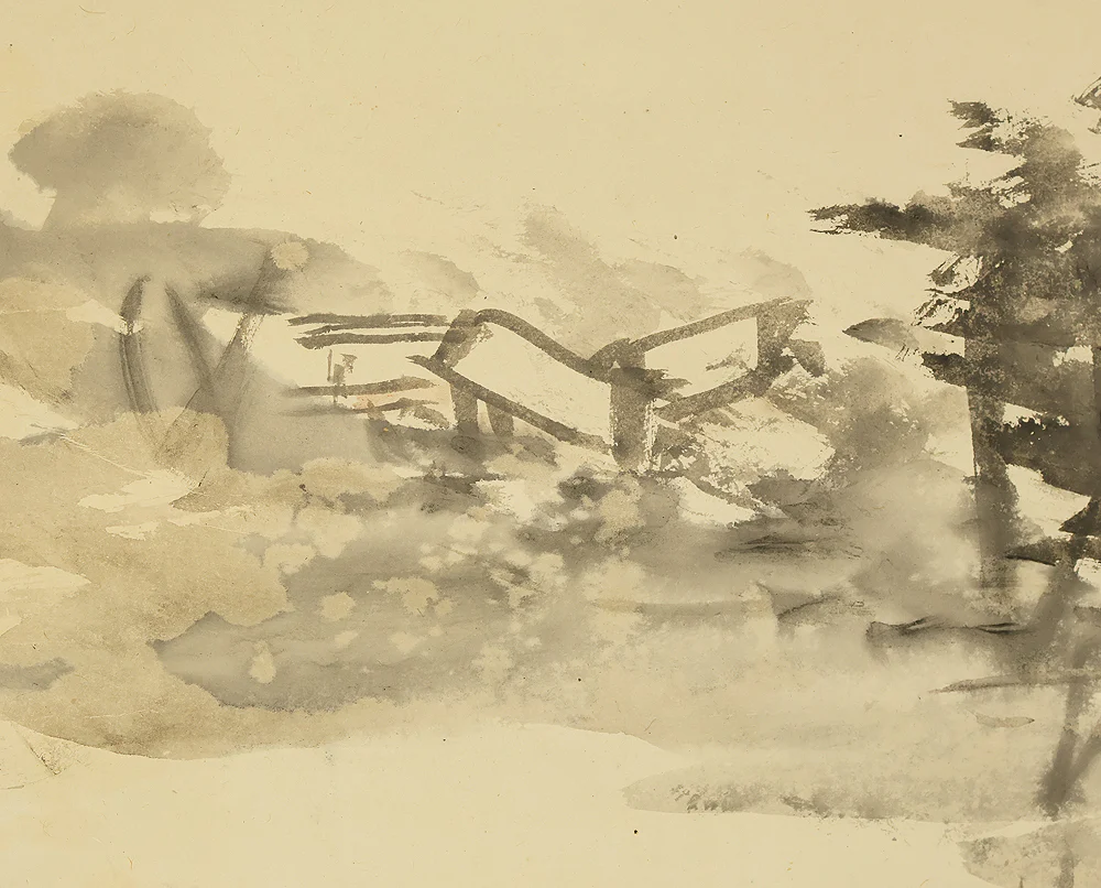 奥原晴湖 Okuhara Seiko (1837-1913) Japanese art kakejiku kakemono wall hanging scroll / Suiboku Ink Sansui Mountain Landscapes Country House Wise Men Looking out from Bridge RE727 - Image 9