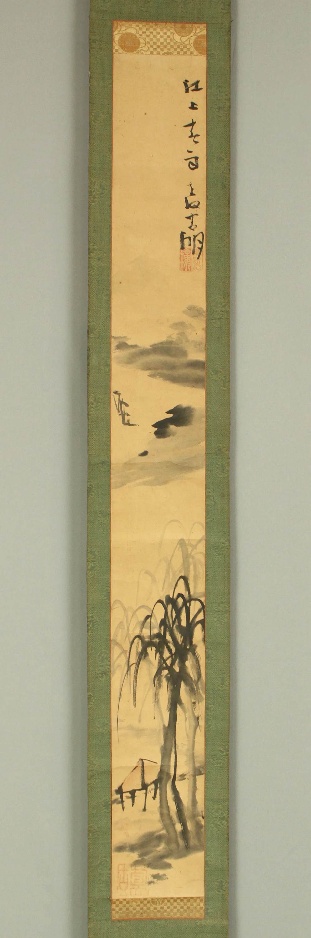 奥原晴湖 Okuhara Seiko (1837-1913) Japanese art Paired kakejiku kakemono wall hanging scrolls / Twin Cranes, Willows and Arbor Landscape RC984 - Image 13