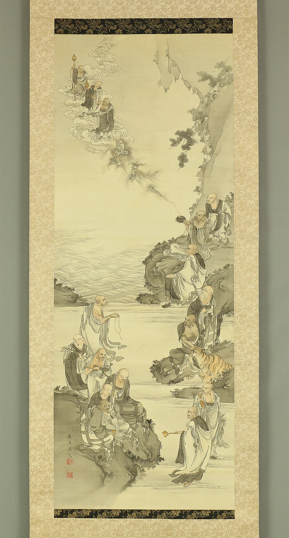 奥村恭法 Okumura Kyoho (b1865) Japanese art kakejiku kakemono wall hanging scroll / 十六羅漢 Juroku Rakan with Original Box (Tomobako) RB859