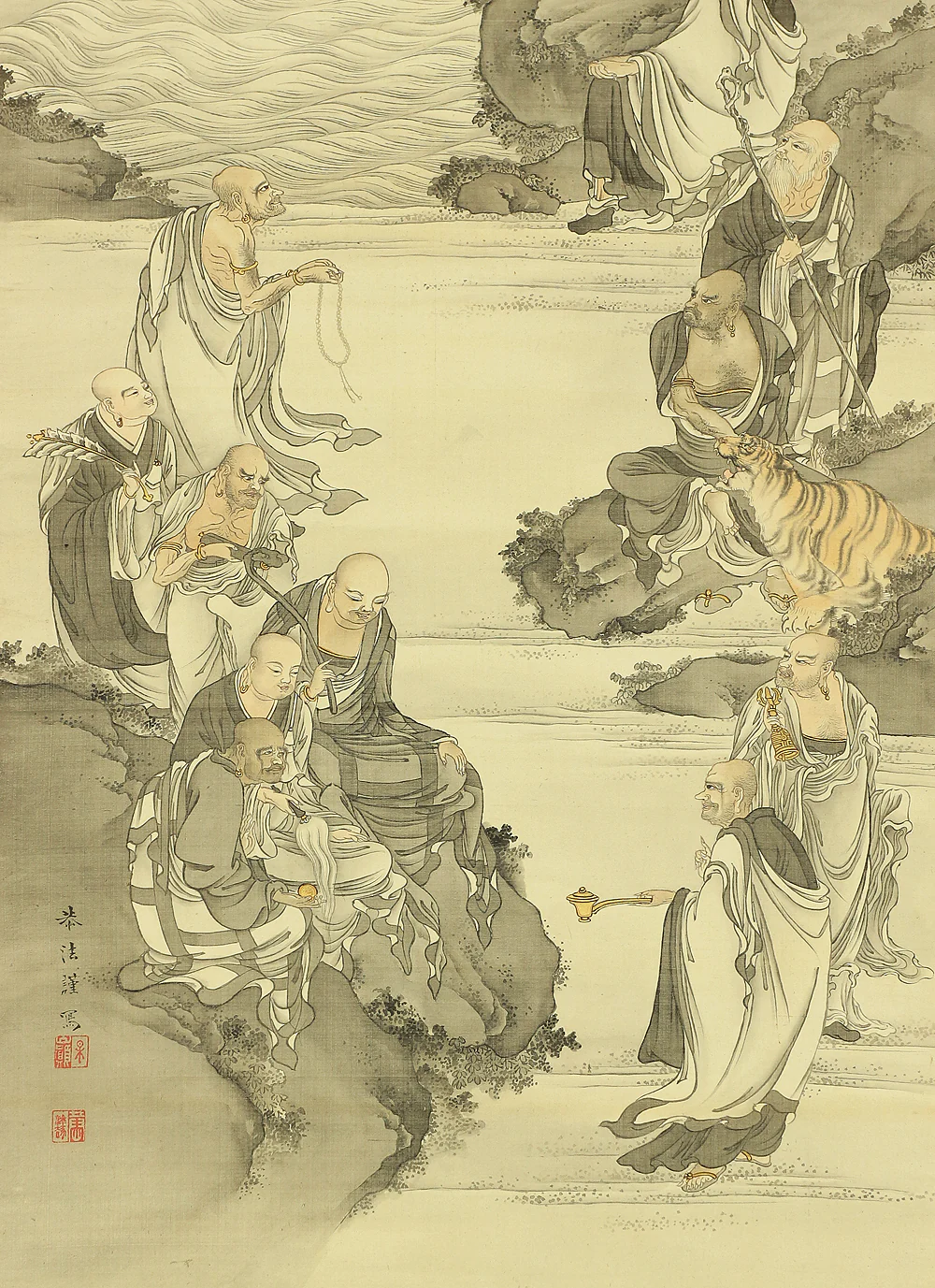 奥村恭法 Okumura Kyoho (b1865) Japanese art kakejiku kakemono wall hanging scroll / 十六羅漢 Juroku Rakan with Original Box (Tomobako) RB859 - Image 16